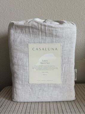 NWT California King 100% Linen Sheet Set Dark Gray Micro Stripe - Casaluna